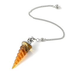 Yellow Quartz Resin Dowsing Pendulum Pendants with Natural Yellow Quartz Chips inside and Iron Chain & Alloy Caps, Cone Charms, 280mm, Hole: 2mm