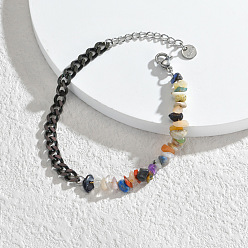 Mixed Stone Natural & Synthetic Mixed Gemstone Chips Beaded Bracelet, with Black Stainless Steel Curb Chains, 6-1/4 inch(16cm)