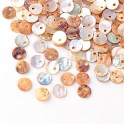 Camel Natural Akoya Shell Charms, Mother of Pearl Shell Pendants, Flat Round, Camel, 6x1mm, Hole: 1.4mm