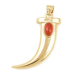 Красный Агат Природные сердолик подвески, латунные подвески в форме волчьих зубов, реальный 18 k позолоченный, долговечный, стойки покрытие, без свинца и без кадмия, 29.5x24x8 мм, отверстие : 4x3.5 мм