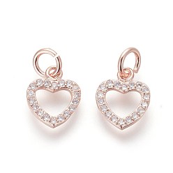 Розовое Золото Брелки из экологически чистой латуни с микропаве и кубическим цирконием, без свинца и без кадмия, прозрачные, сердце, розовое золото , 10.5x9x2 мм, отверстие : 3 мм