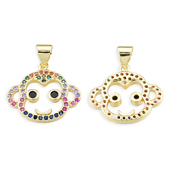 Colorful Brass Micro Pave Cubic Zirconia Pendants, with Brass Snap on Bails, Nickel Free, Real 18K Gold Plated, Monkey Charm, Colorful, 16x18x2.5mm, Hole: 3.5x4mm