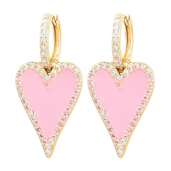 Pink Серьги-кольца в форме сердца из латуни с микропаве и прозрачными кубическими циркониями ко Дню святого Валентина, с эмалью, без кадмия и без свинца, долговечный, стойки покрытие, реальный 18 k позолоченный, розовые, 34x16 мм