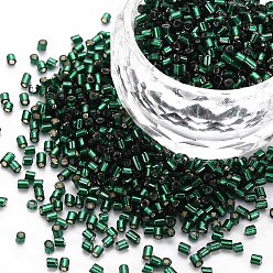 Dark Green Glass Bugle Beads, Silver Lined, Dark Green, 1.8~2.2x1.8~2mm, Hole: 0.8~0.9mm, about 15000pcs/pound