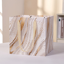 White Marble Pattern Kraft Paper Bags, with Ribbon Handles, Gift Bags, Shopping Bags, Square, White, 20x20x20cm