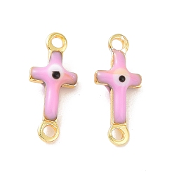 Pink Brass Enamel Connector Charms, Real 18K Gold Plated, Religion Cross with Evil Eye Pattern, Pink, 5.5x13x3mm, Hole: 1.2mm