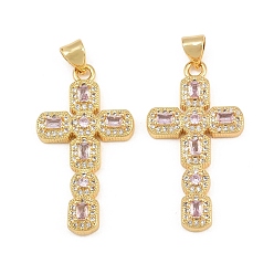 Pink Micro cuivres ouvrent pendentifs zircone cubique, breloques en forme de croix octogonale, sans cadmium et sans plomb, or, rose, 32x17.5x4mm, Trou: 5x3mm