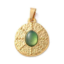 Зеленый агат Подвески из натурального зеленого оникса-агата (окрашенного и нагретого), 304 из нержавеющей стали плоские круглые прелести, ионное покрытие (ip), золотые, 21x17.5x4~4.5 мм, отверстие : 4.5x3 мм