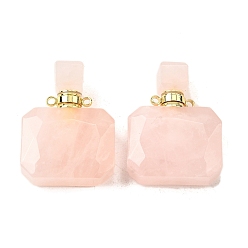 Розовый Кварц Кулоны для духов из натурального розового кварца, с 304 фурнитурой из нержавеющей стали, граненые, прямоугольник амулеты, золотые, 33~34x25x11~12 мм, отверстие : 1.9 мм