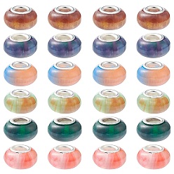 Mixed Color 24Pcs 6 Colors Rondelle Resin European Beads, Large Hole Beads, Imitation Stones, with Silver Tone Brass Double Cores, Mixed Color, 13.5x8mm, Hole: 5mm, 4pcs/color
