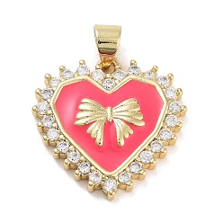 Светло-Вишневый Стойка металлическая латунная микропрофилированная кубическая циркония подвески, с эмалью, долговечный, без свинца и без кадмия, реальный 18 k позолоченный, сердце с бантом, светло-вишневый, 20.5x20x3.5 мм, отверстие : 5x3.5 мм