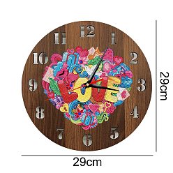 Heart DIY Valentine's Day Theme Clock Diamond Painting Kits, Including Round Wood Plate, Resin Rhinestones, Diamond Sticky Pen, Tray Plate and Glue Clay, Heart Pattern, 290x290mm