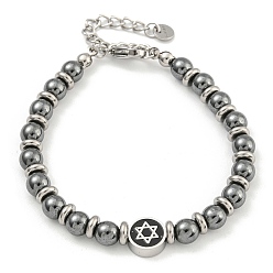 Star of David 304 Женские браслеты из нержавеющей стали и синтетического немагнитного гематита с круглыми бусинами, звезда Давида, 6-7/8 дюйм (17.5 см)