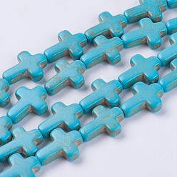 Dark Turquoise Synthetic Turquoise Beads Strands, Cross, Dyed & Heated, Dark Turquoise, 16x12x4mm, Hole: 1.5mm, about 24pcs/strand, 14.96 inch(38cm)