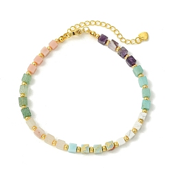 Colorful Natural Green Strawberry Quartz & Pink Opal & Southern Jade & Flower Amazonite & Amethyst & Howlite & Brass Beaded Anklets, Cube, Golden, Colorful, 8-5/8 inch(220mm)