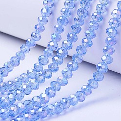 Light Sky Blue Electroplate Glass Beads Strands, AB Color Plated, Faceted, Rondelle, Light Sky Blue, 4x3mm, Hole: 0.4mm, about 123~127pcs/strand, 16.5~16.9 inch(42~43cm)