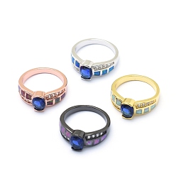 Mixed Color Cubic Zirconia Finger Rings, with Synthetic Opal and Brass Findings, Long-Lasting Plated, Oval, Size 7, Blue, Mixed Color, 17.5mm
