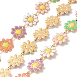 Colorful 304 Stainless Steel Daisy Flower Link Chains with Enamel, Unwelded, Golden, Colorful, 14x10x1mm
