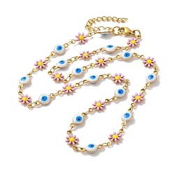 Golden 304 Stainless Steel Necklaces, Enamel Copper Multicolor Daisy Flower with Evil Eye Chain Necklaces, Golden, 15.98 inch(40.6cm)