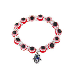 Resin 10mm Red Blue Glass Evil Eye Beaded Bracelet with Fatima Hand and Demon Eye Charm for Women