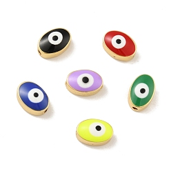 Mixed Color Real 18K Gold Plated Brass Beads, with Enamel, Cadmium Free & Lead Free, Long-Lasting Plated, Oval with Evil Eye, Mixed Color, 6.5x10x5.5mm, Hole: 1.2mm