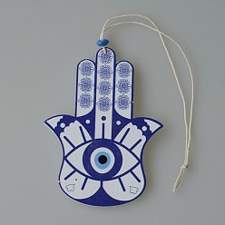 Dark Blue Wood Hamsa Hand/Hand of Miriam with Evil Eye Hanging Ornament, for Car Rear View Mirror Decoration, Dark Blue, 100mm