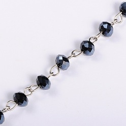 Black Handmade Rondelle Glass Beads Chains for Necklaces Bracelets Making, with Platinum Iron Eye Pin, Unwelded, Black, 39.3 inch, Beads: 6x4.5mm