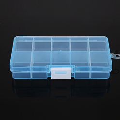 Deep Sky Blue 10 Grids Transparent Plastic Removable Bead Containers, with Lids and White Clasps, Rectangle, Deep Sky Blue, 12.8x6.5x2.2cm