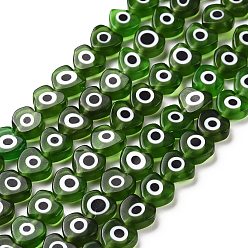Green Handmade Evil Eye Lampwork Beads Strands, Heart, Green, 6~7x8x3mm, Hole: 1mm, about 47~49pcs/strand, 13.19~13.98 inch(33.5~35.5cm)