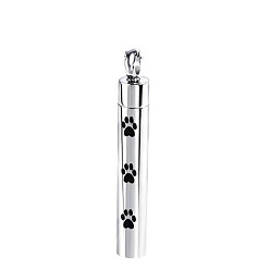 Stainless Steel Color Titanium Steel Urn Ashes Pendants, Column with Paw Print Pattern, Stainless Steel Color, 4.2x0.6cm