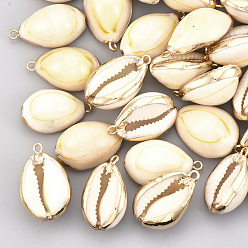 Golden Cowrie Shell Pendants, with Metal Findings, Natural Color, Golden, 23~27x15~17x10~12mm, Hole: 1.5mm