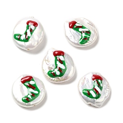 Christmas Socking Baroque Style Natural Keshi Pearl Beads, Christmas Theme Beads with Enamel, Flat Round, Seashell Color, Christmas Socking, 17~20x15~17x4~7mm, Hole: 0.7mm