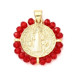 Красный Латунь стекло кулоны, плоский круглый с амулетом в виде святого и креста, долговечный, без кадмия и без свинца, реальный 18 k позолоченный, граненые, красные, 21x20.5~21x3 мм, отверстие : 5x3.5 мм
