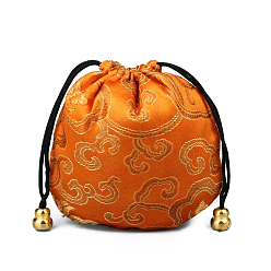 Dark Orange Chinese Style Silk Brocade Jewelry Packing Pouches, Drawstring Gift Bags, Auspicious Cloud Pattern, Dark Orange, 11x11cm