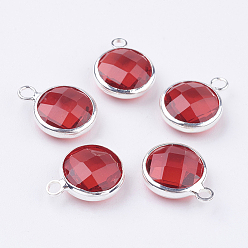 Red Silver Tone Brass Glass Flat Round Charms, Faceted, Red, 12x8.5x3mm, Hole: 1.5mm