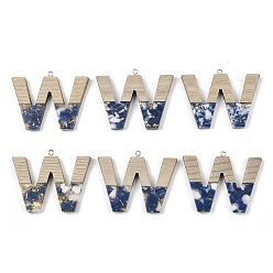 Letter W Кулоны из непрозрачной смолы и дерева, буквы, с платиновой петлей, Буква W, 37.5~45x11~53x6 мм, отверстие : 2 мм
