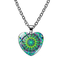 Medium Sea Green Glass Heart with Mandala Flower Pendant Necklace, Platinum Alloy Jewelry for Women, Medium Sea Green, 19.69 inch(50cm)