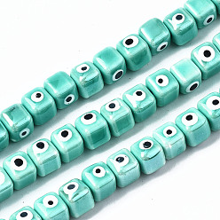 Turquoise Handmade Porcelain Ceramic Beads Strands, Bright Glazed Porcelain, Cube with Evil Eye, Turquoise, 9.5x8.5x8.5mm, Hole: 1.5mm, about 40pcs/strand, 12.99 inch(33cm)