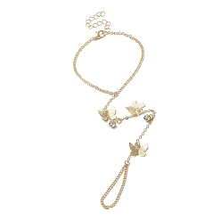 Golden Rhinestone Butterfly Ring Bracelets, Iron Curb Chain Bracelet with Finger Ring, Golden, 7-1/4 inch(18.3cm), Inner Diameter: 30mm