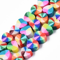 Coloré Brin de perles pate polymère faits à la main , pour les fournitures de bricolage bijoux artisanat, cœur, colorées, 9x10x4mm, Trou: 1.5mm, Environ 40~41 pcs/chapelet, 13.39 pouces ~ 13.78 pouces (34~35 cm)