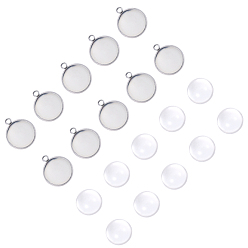 Stainless Steel Color DIY Pendants Making, with 304 Stainless Steel Cabochon Settings and Clear Half Round Glass Cabochons, Flat Round, Stainless Steel Color, Cabochons: 16x8mm, Settings: 21.5x18x2mm, 2pcs/set