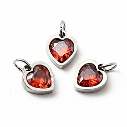 FireBrick 304 Stainless Steel Pendants, with Cubic Zirconia and Jump Rings, Single Stone Charms, Heart, Stainless Steel Color, FireBrick, 9x8x3mm, Hole: 3.6mm