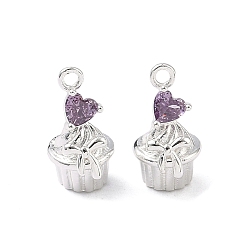 Фиолетовый Латунный кекс с инкрустацией кубическим цирконием и подвесками в виде сердечек., 925 серебро покрытием, фиолетовые, 15x8.5x9 мм, отверстие : 1.5~1.6 мм