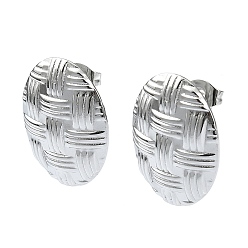 Stainless Steel Color 201 Stainless Steel Stud Earrings, with 304 Stainless Steel Pins, Textured Oval, Stainless Steel Color, 20x15mm