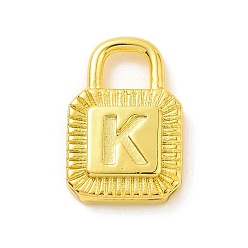 Letter K Eco-friendly Rack Plating Brass Pendants, Cadmium Free & Lead Free, Long-Lasting Plated, Lock with Alphabet, Real 18K Gold Plated, Letter.K, 15x10x3mm, Hole: 3.5x4mm