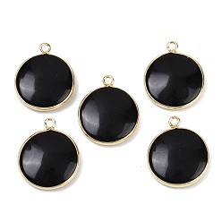 Обсидиан Природные подвески обсидиана, плоские круглые прелести, с латунной, без свинца и без кадмия, стойки покрытие, золотые, 22~23x18.5~19.5x4~5 мм, отверстие : 1.8~2 мм