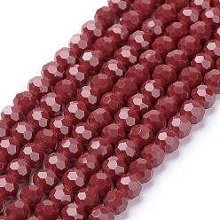 Dark Red Faceted(32 Facets) Glass Beads Strands, Round, Dark Red, 4mm, Hole: 1mm, about 88~90pcs/strand, 28~30cm