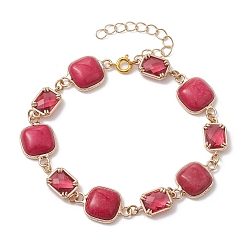 Crimson Dyed Natural White Jade Square & Alloy Link Chain Bracelets for Women, Crimson, 8-1/8 inch(20.5cm)