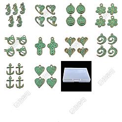 Mixed Shapes 50Pcs 10 Styles Tibetan Style Alloy Pendants, Antique Bronze & Green Patina, Mixed Shapes, 16.5~25.5x12.5~25.5x2~11.5mm, Hole: 1.6~3.5mm, 5pcs/style