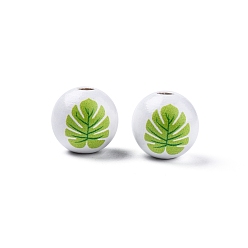 Leaf Summer Theme Printed Wooden Beads, Round, Lawn Green, Leaf Pattern, 15.5~16x15mm, Hole: 3.5mm